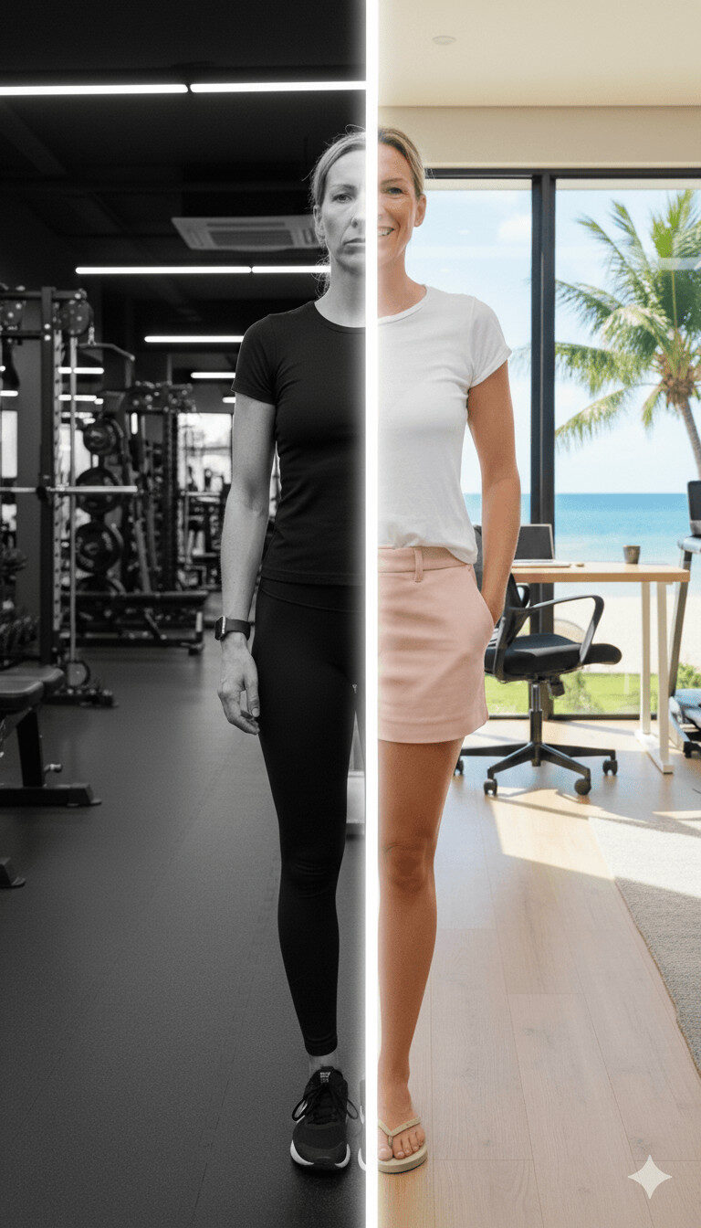 Foto von Julia Ehrenheim, was in der Mitte geteilt ist: Links unzufriedene mit ARbeiterin im Fitnessstudio, rechts glückliche Selbstständige